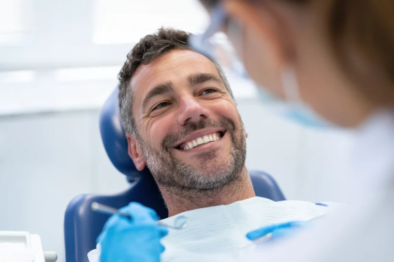 Man smiling in dental chair during examination by dentist
