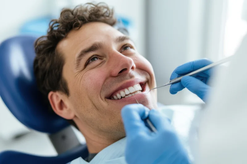 Smiling man undergoing dental examination in a clinic chair