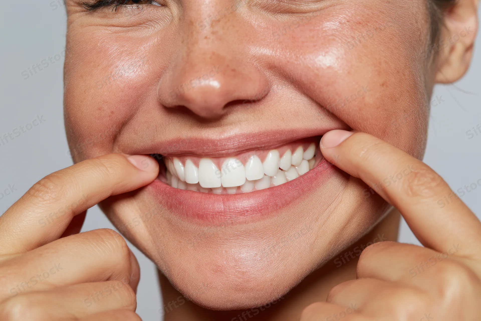 Woman smiling with fingers pulling lips back to show white teeth in closeup portrait