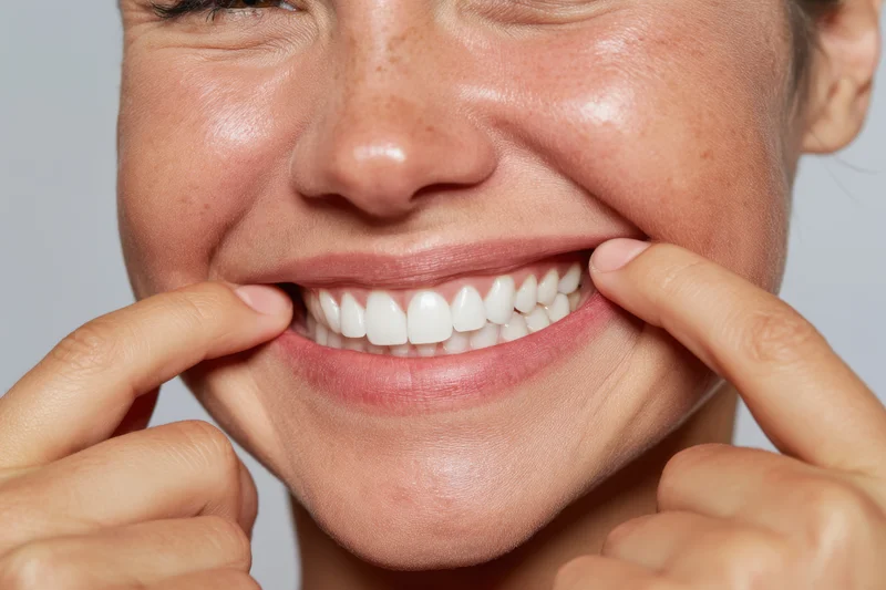 Woman smiling with fingers pulling lips back to show white teeth in closeup portrait