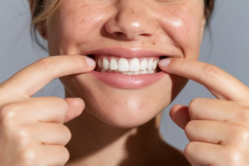 Woman smiling with fingers pointing to her white teeth in close-up portrait
