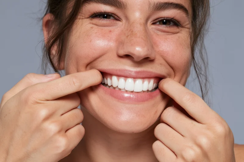 Woman smiling with fingers pointing to her white teeth in studio portrait
