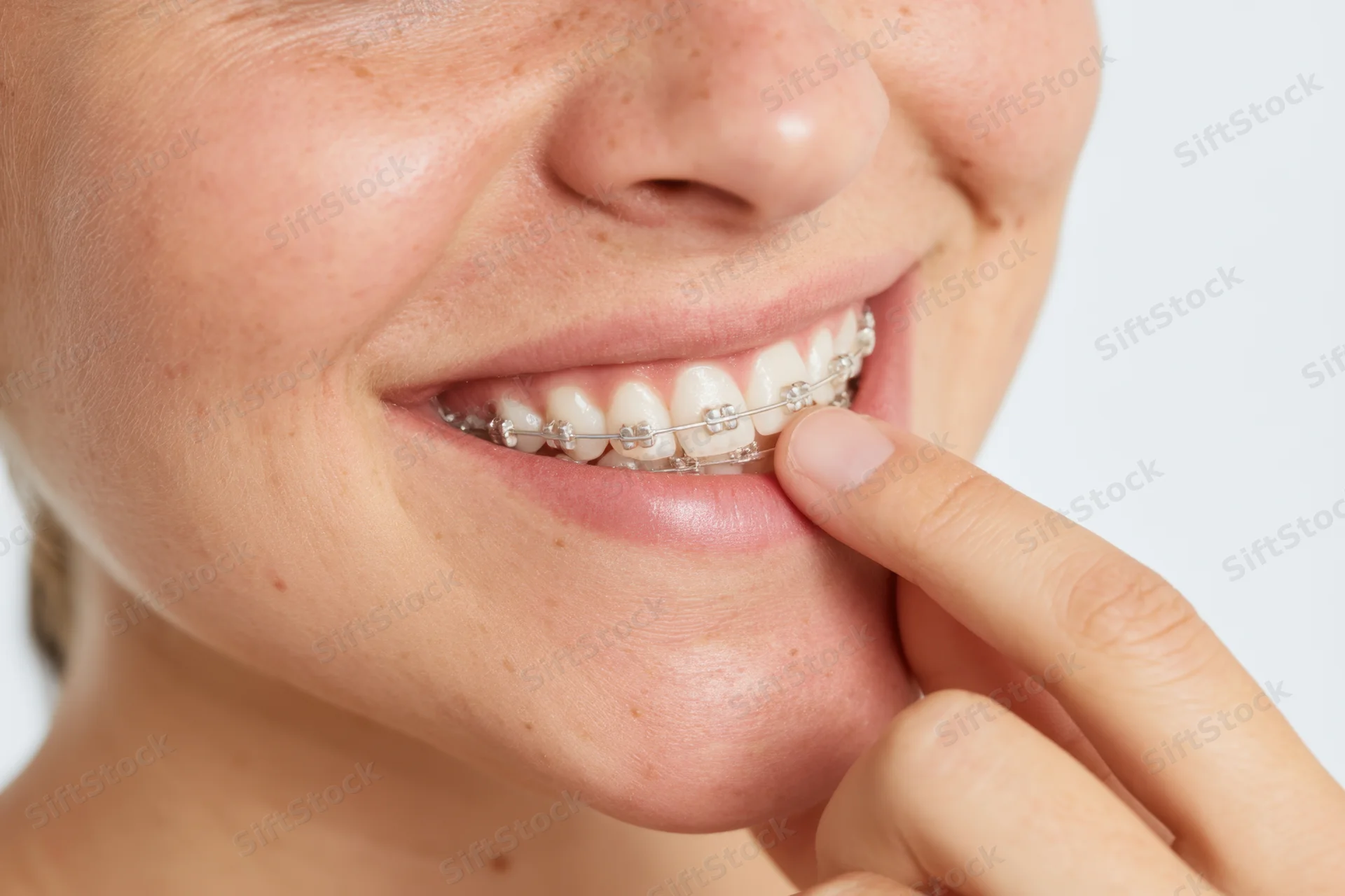 Close-up of a smiling woman with braces touching her teeth with her finger