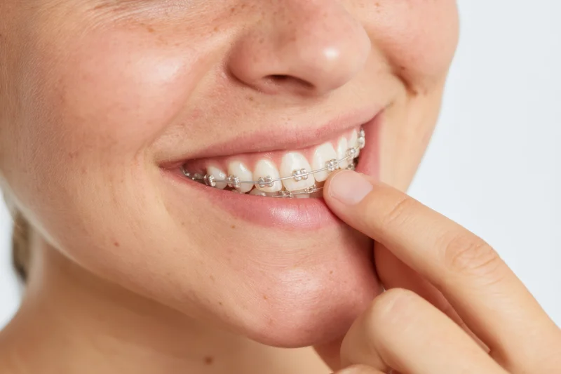 Close-up of a smiling woman with braces touching her teeth with her finger