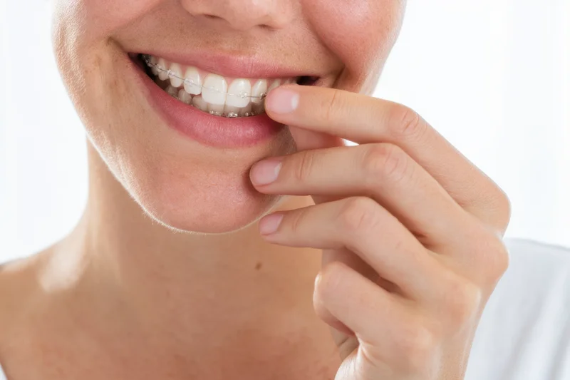 Woman smiling with braces, hand touching lower teeth, close-up view