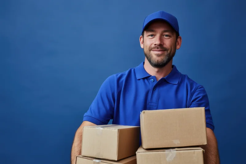 Smiling delivery man holding stacked cardboard boxes against blue background