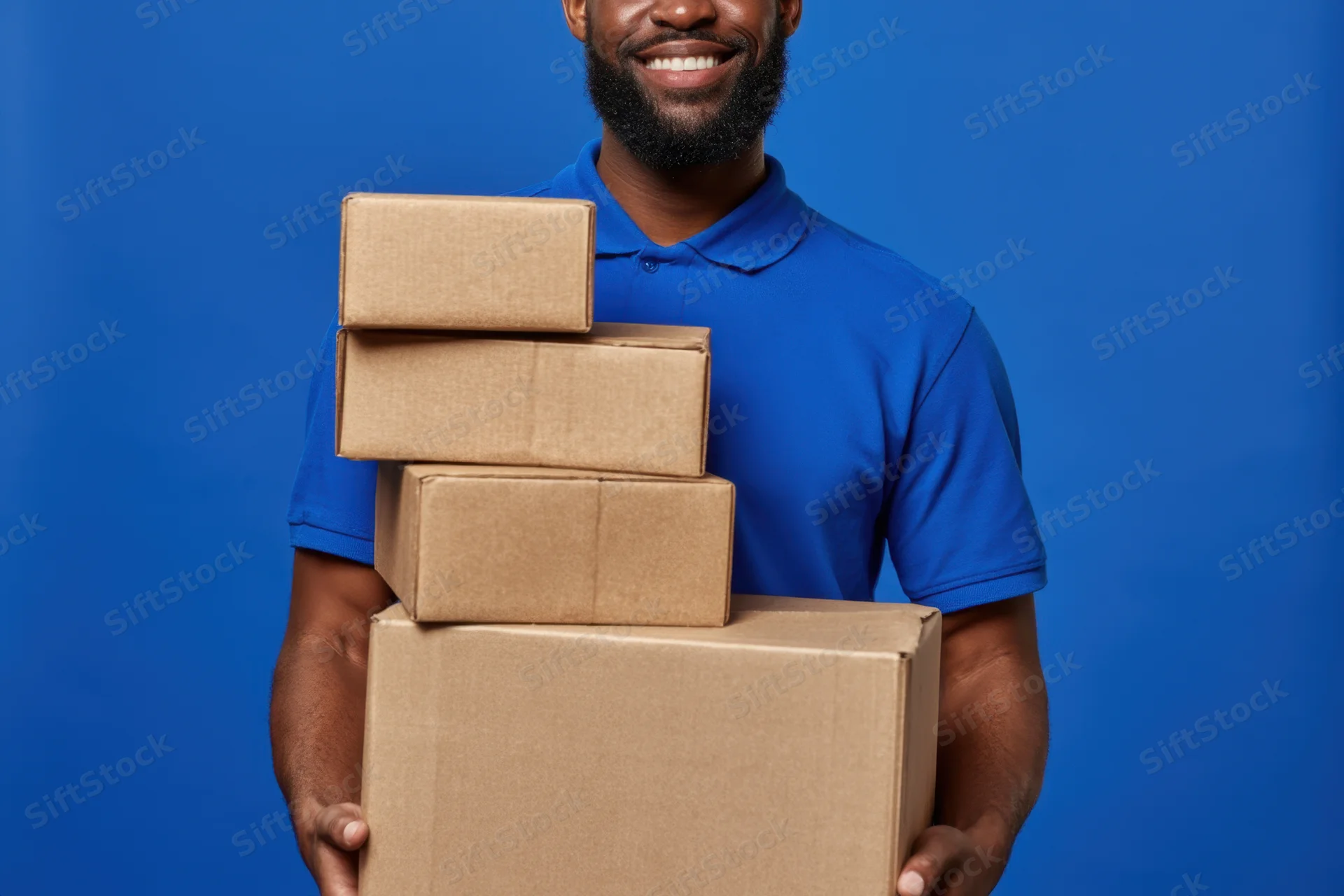Smiling man holding stack of cardboard boxes against blue background