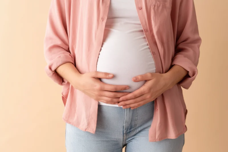 Pregnant woman holding her belly with both hands against a beige background