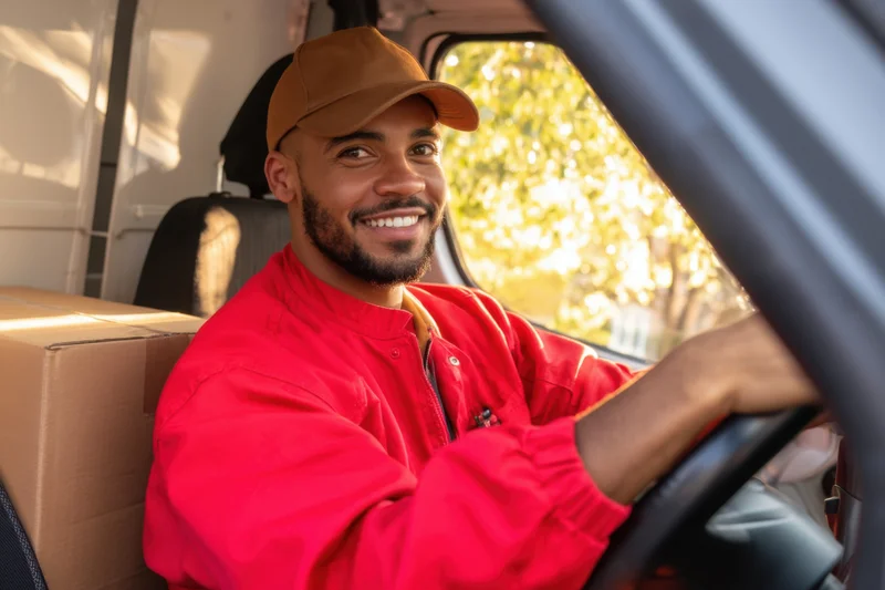 Smiling delivery driver in red jacket holding steering wheel inside delivery van with cardboard box beside him