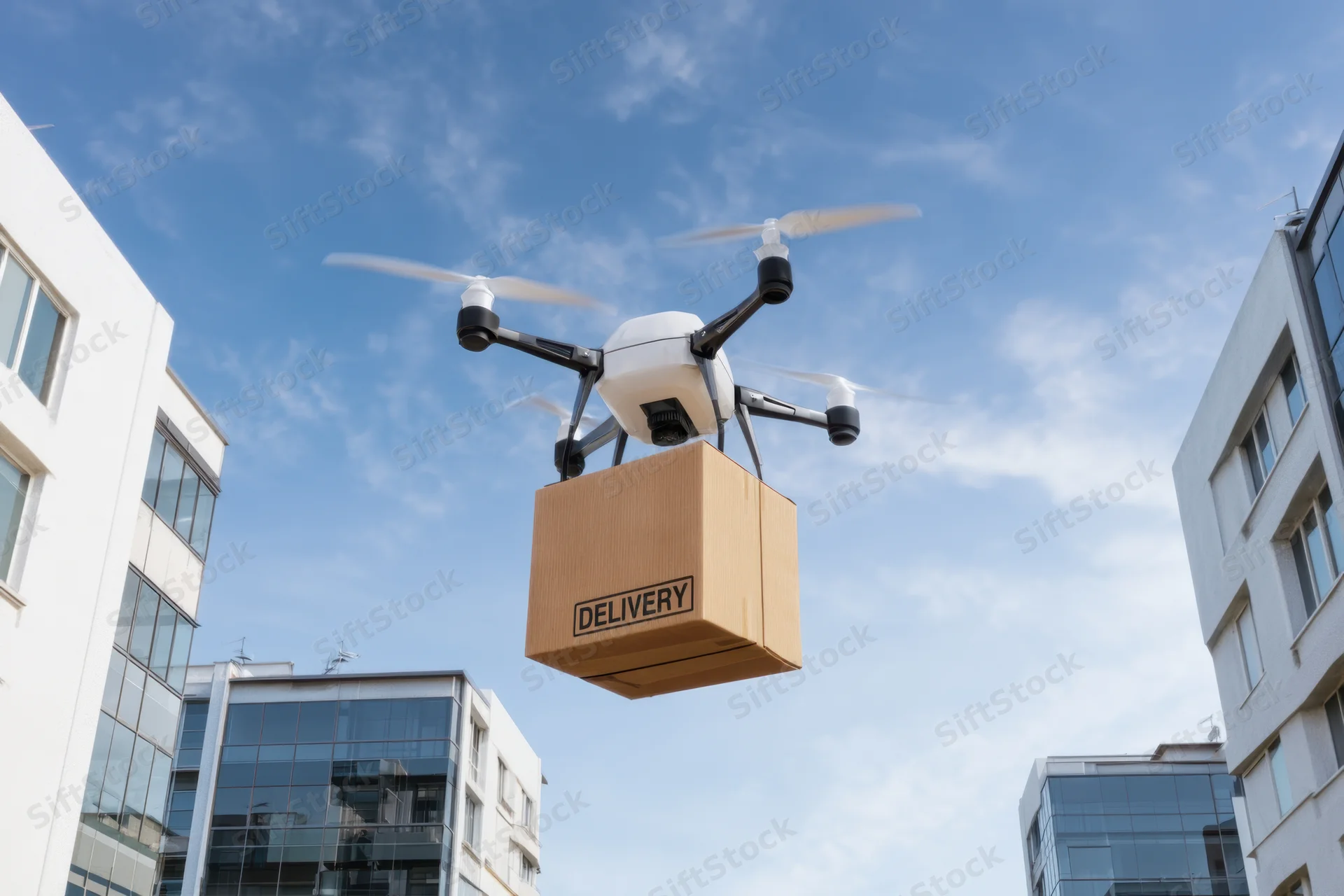 Drone carrying a cardboard delivery box over modern city buildings