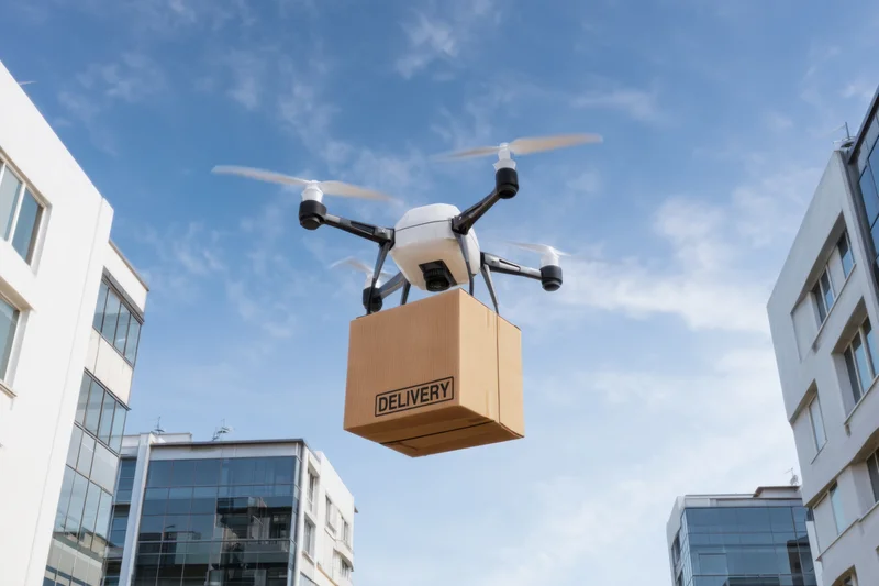Drone carrying a cardboard delivery box over modern city buildings