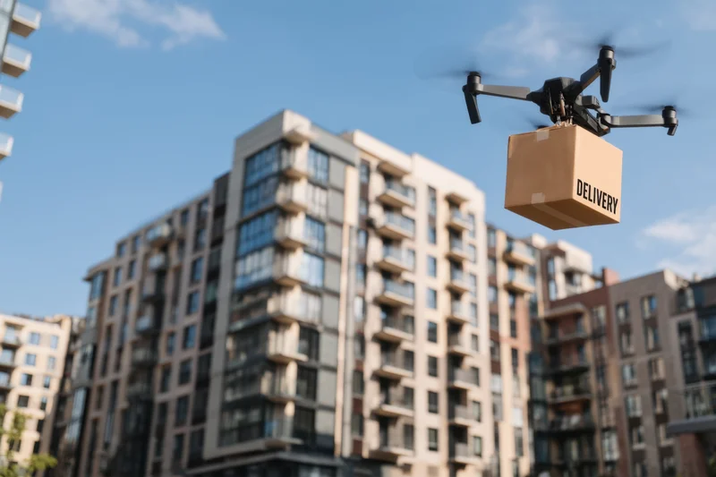 Drone carrying a delivery package over urban apartment buildings