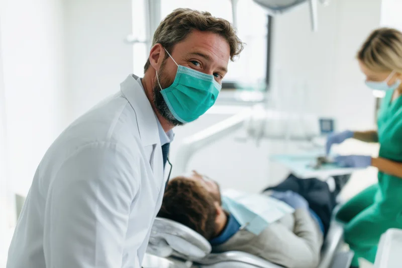 Male dentist in teal mask examining patient in dental chair with female hygienist assisting in clinic