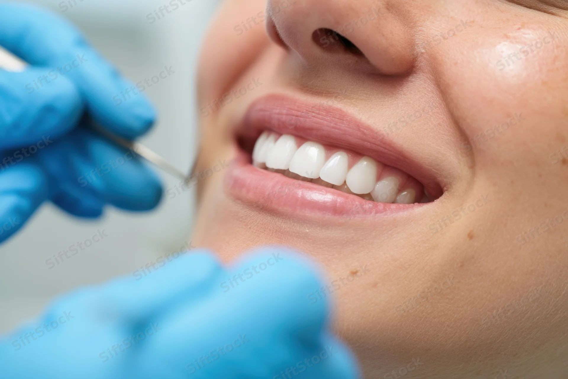 Closeup of woman smiling during dental examination with dentist's gloved hands holding instrument near her teeth