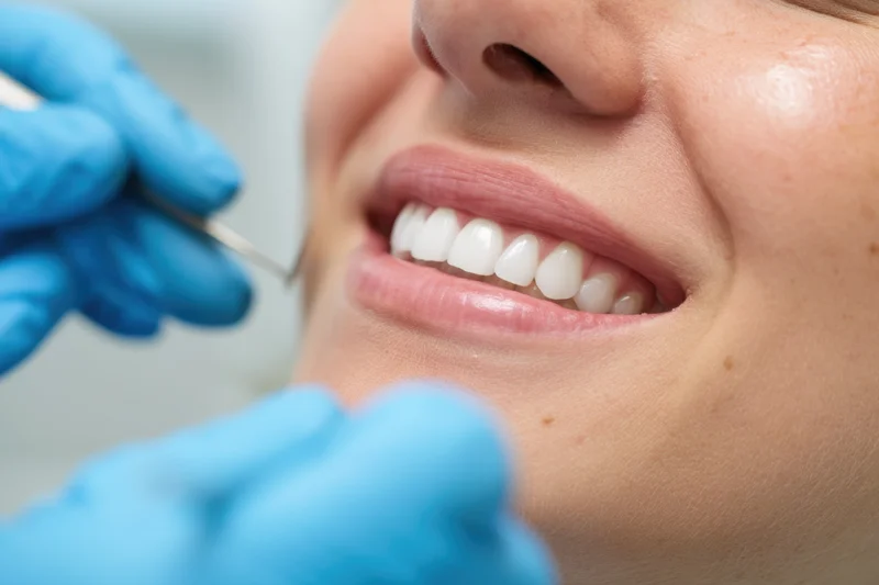 Closeup of woman smiling during dental examination with dentist's gloved hands holding instrument near her teeth