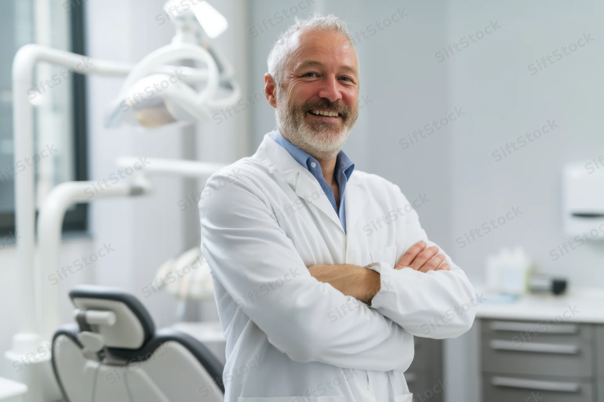 Smiling male dentist with arms crossed in a modern dental office