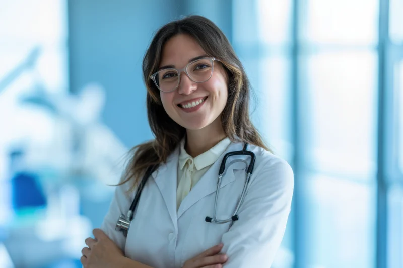 Smiling female doctor in white coat with stethoscope arms crossed in clinic