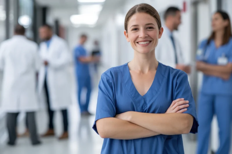 Smiling nurse in blue scrubs with arms crossed in hospital corridor