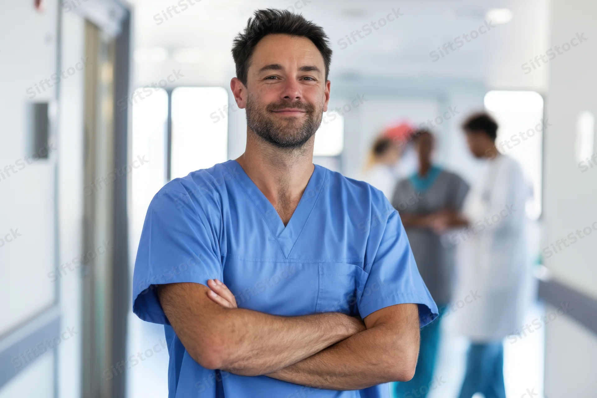 Man in blue scrubs smiling with arms crossed in hospital corridor