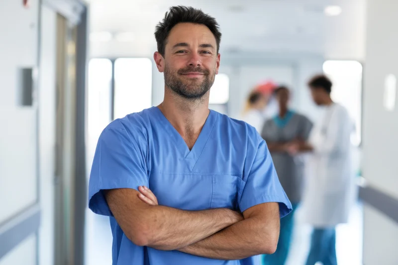 Man in blue scrubs smiling with arms crossed in hospital corridor