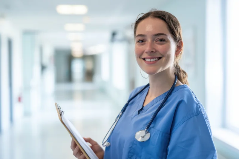 Smiling nurse in blue scrubs holding clipboard in hospital hallway