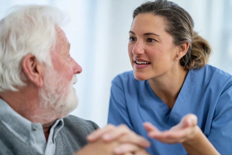 Nurse in blue scrubs talking with a senior man during a medical consultation