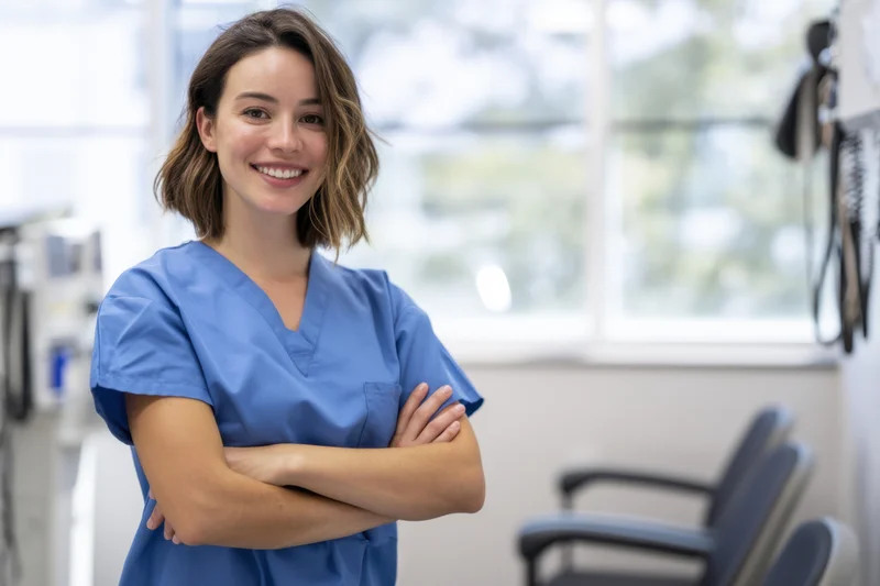 Young woman in blue scrubs smiling with arms crossed in a clinic examination room