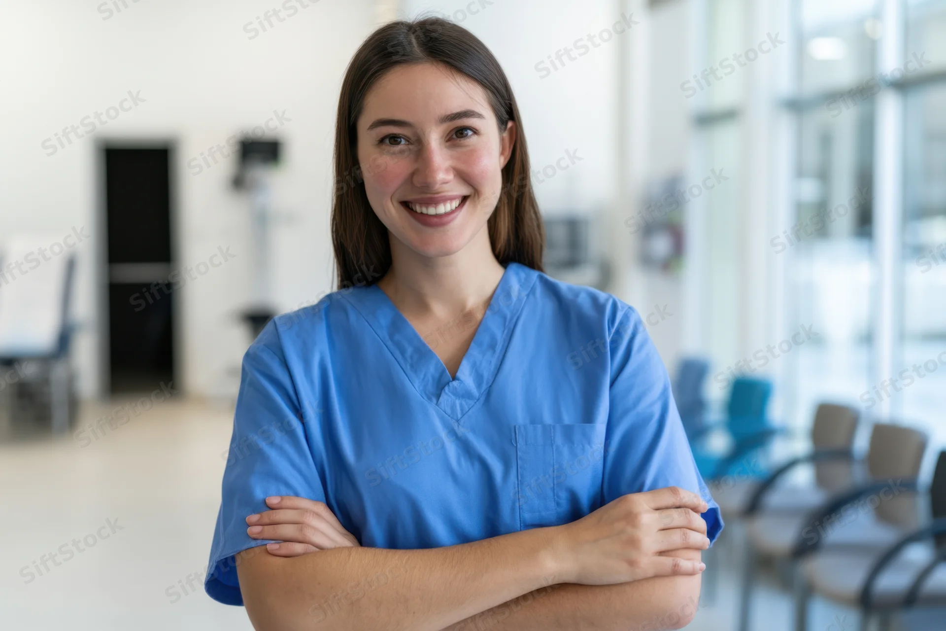 Nurse in blue scrubs smiling with arms crossed in hospital corridor
