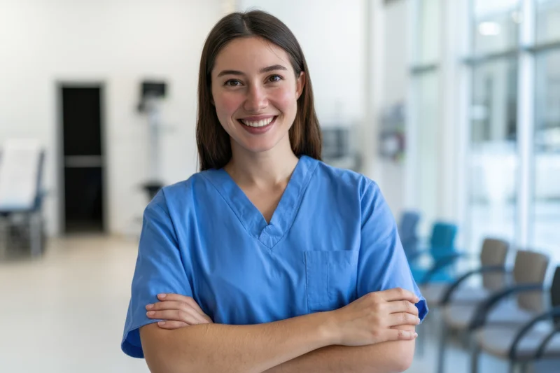 Nurse in blue scrubs smiling with arms crossed in hospital corridor