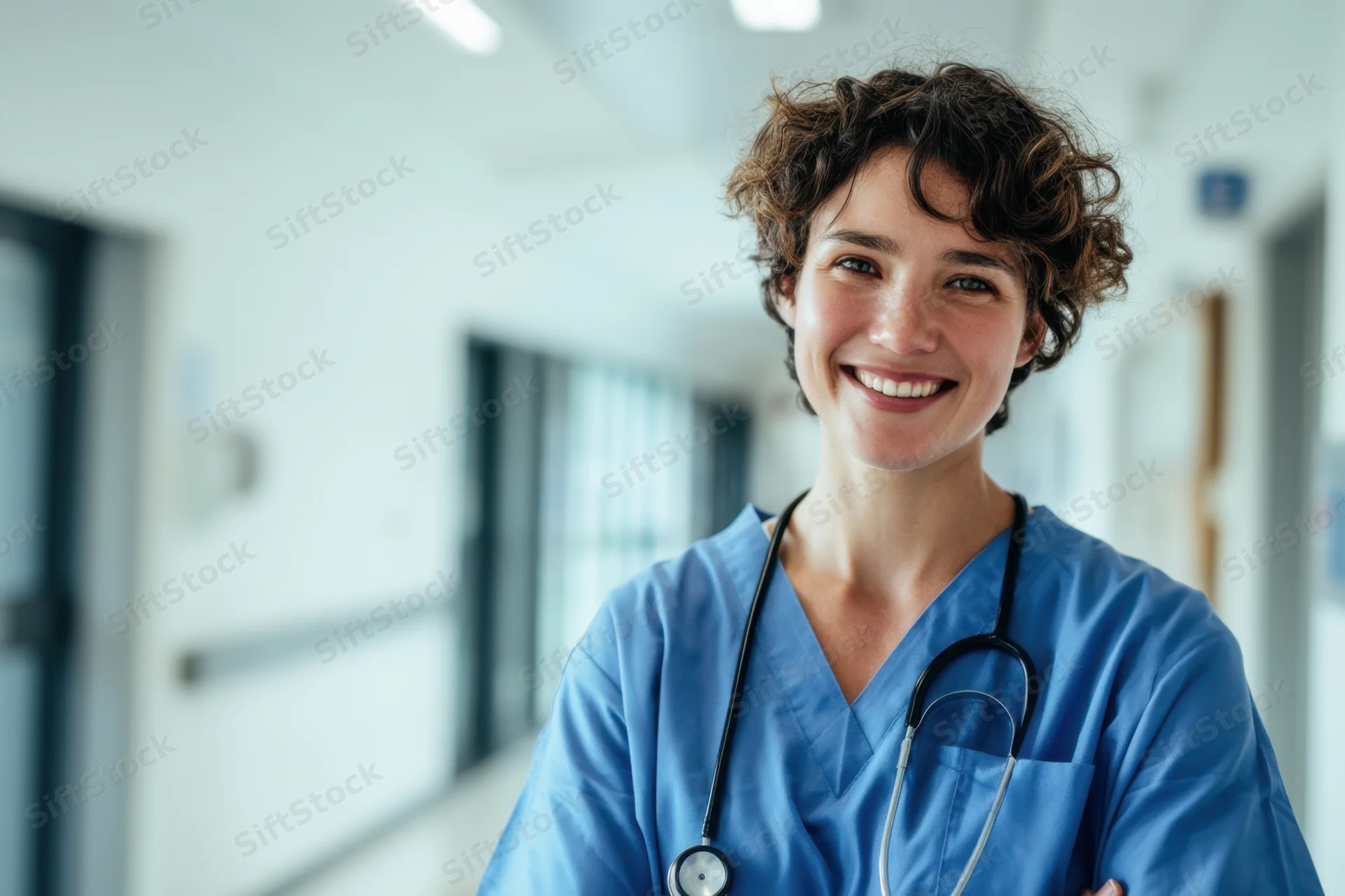 Smiling woman in blue scrubs with stethoscope standing in hospital hallway