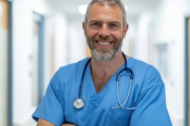 Male doctor in blue scrubs smiling with stethoscope around neck in hospital corridor