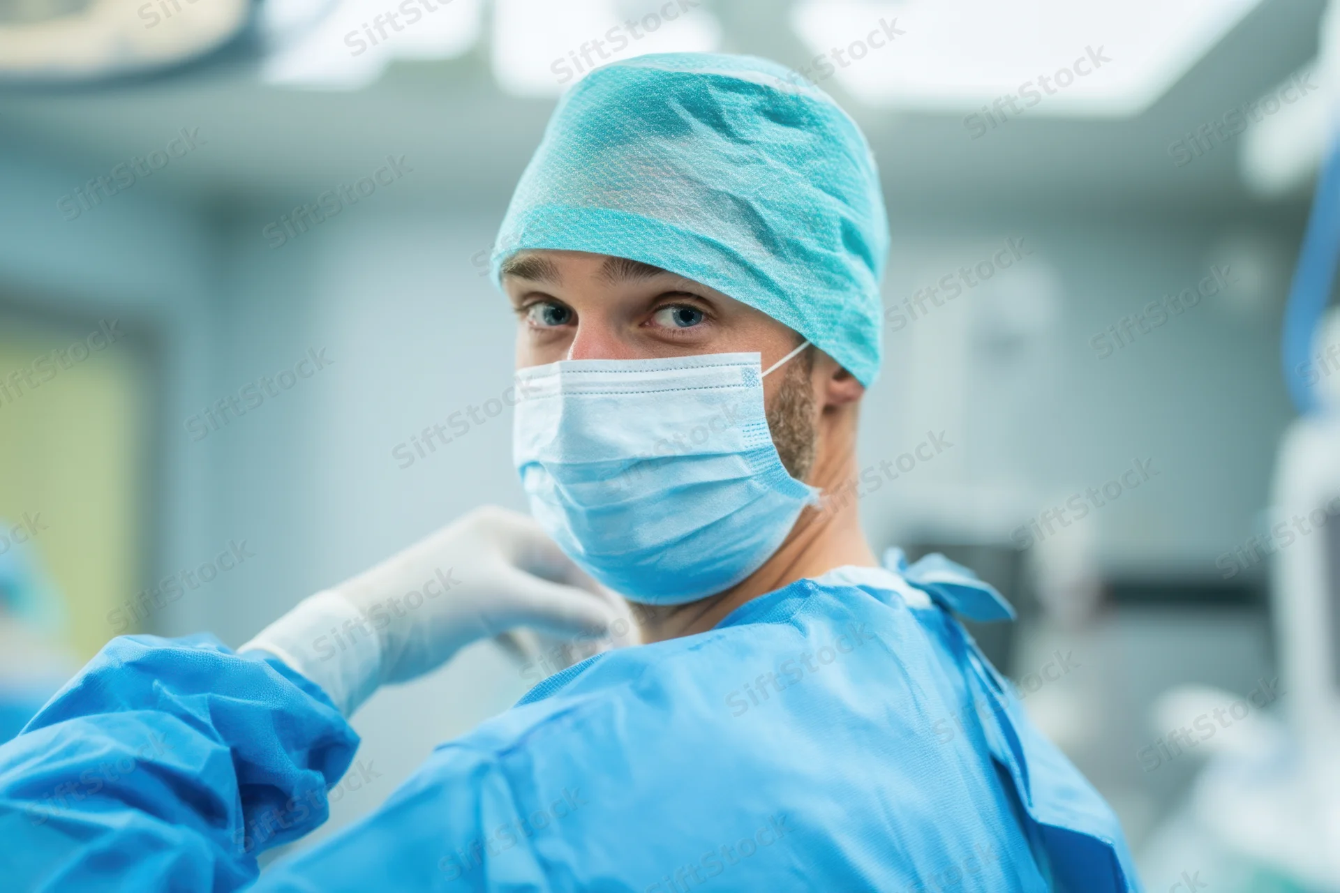 Male surgeon in blue scrubs adjusting surgical mask in operating room