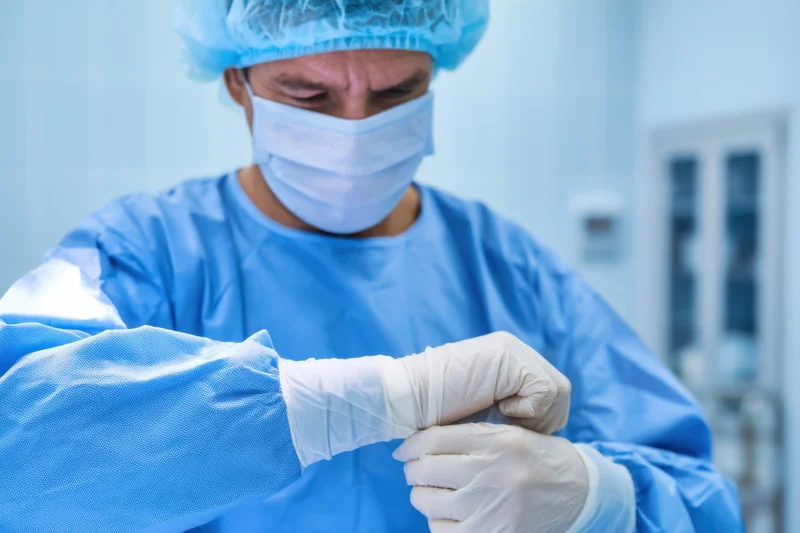Surgeon putting on surgical gloves in operating room