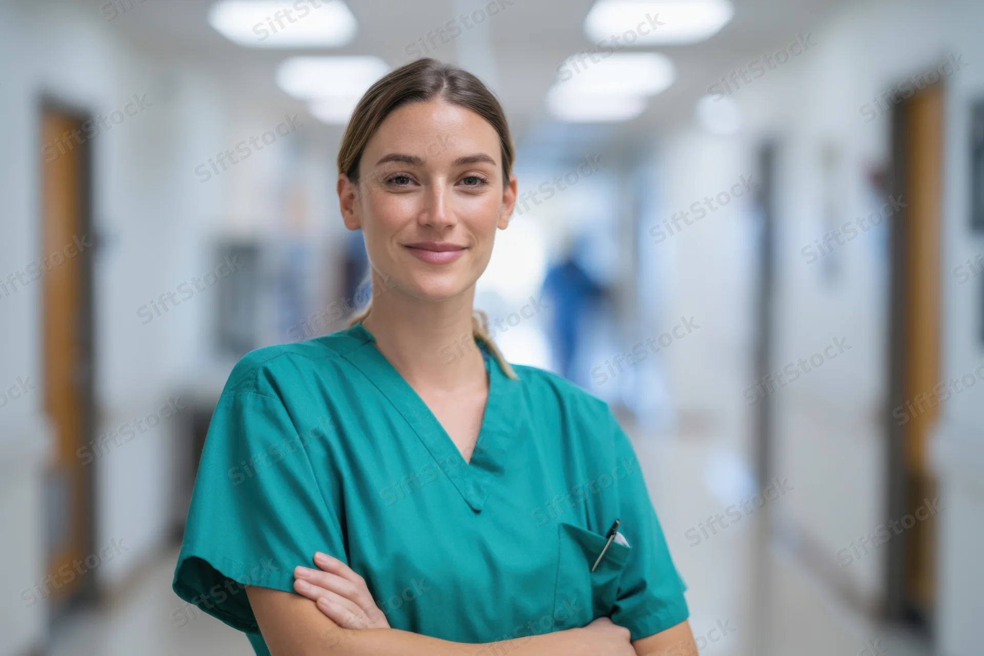 Nurse in teal scrubs standing with arms crossed in hospital hallway smiling at camera