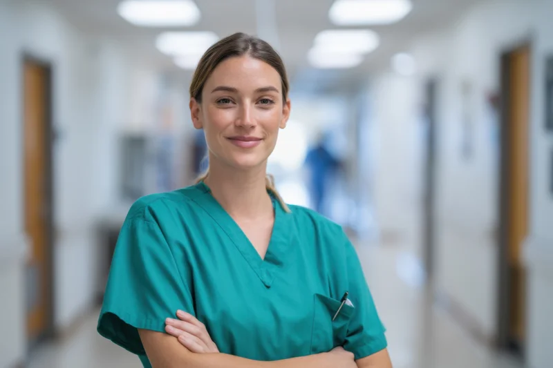 Nurse in teal scrubs standing with arms crossed in hospital hallway smiling at camera