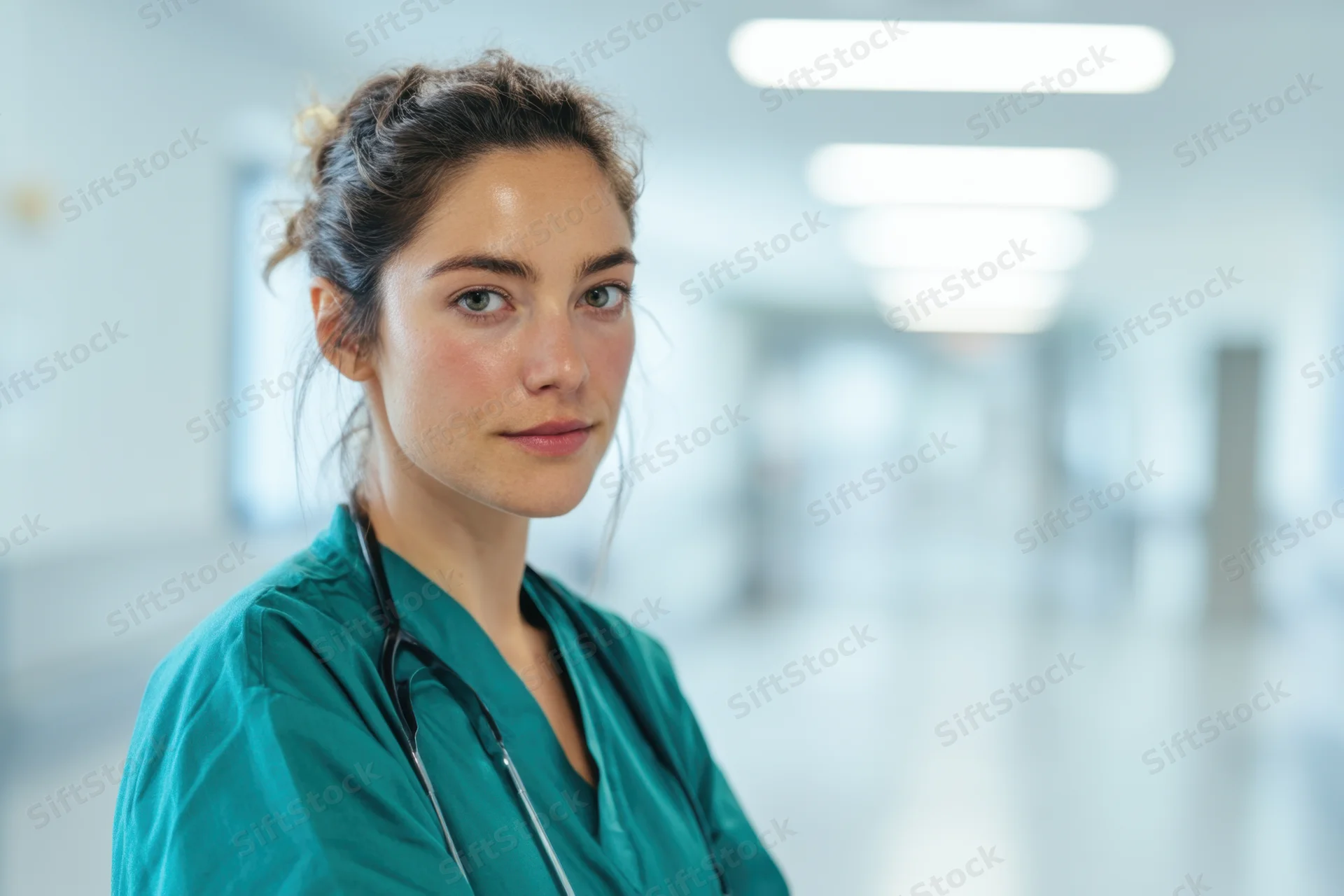 Nurse in teal scrubs with stethoscope standing in hospital corridor