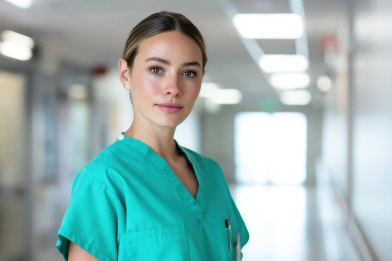 Nurse in teal scrubs standing in hospital corridor looking at camera