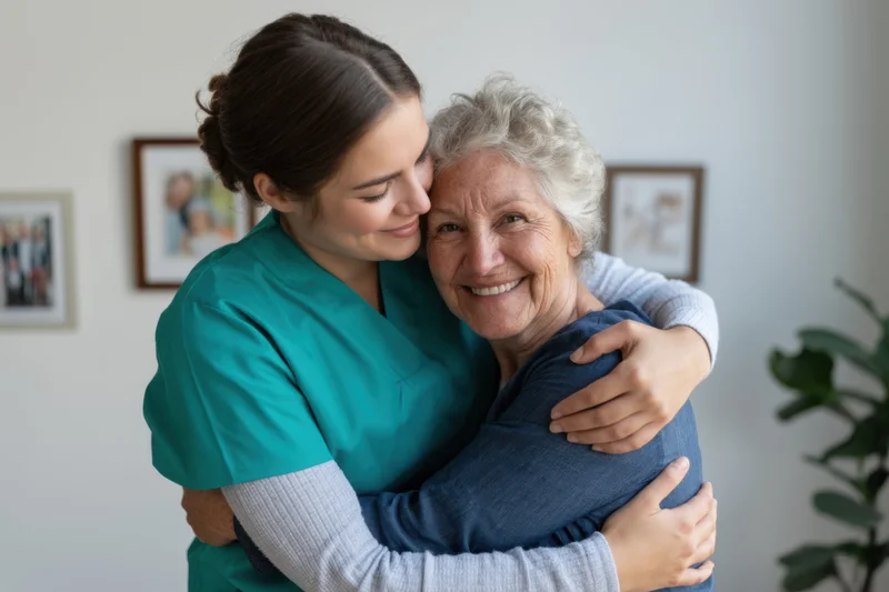 Nurse hugging senior woman in a home setting