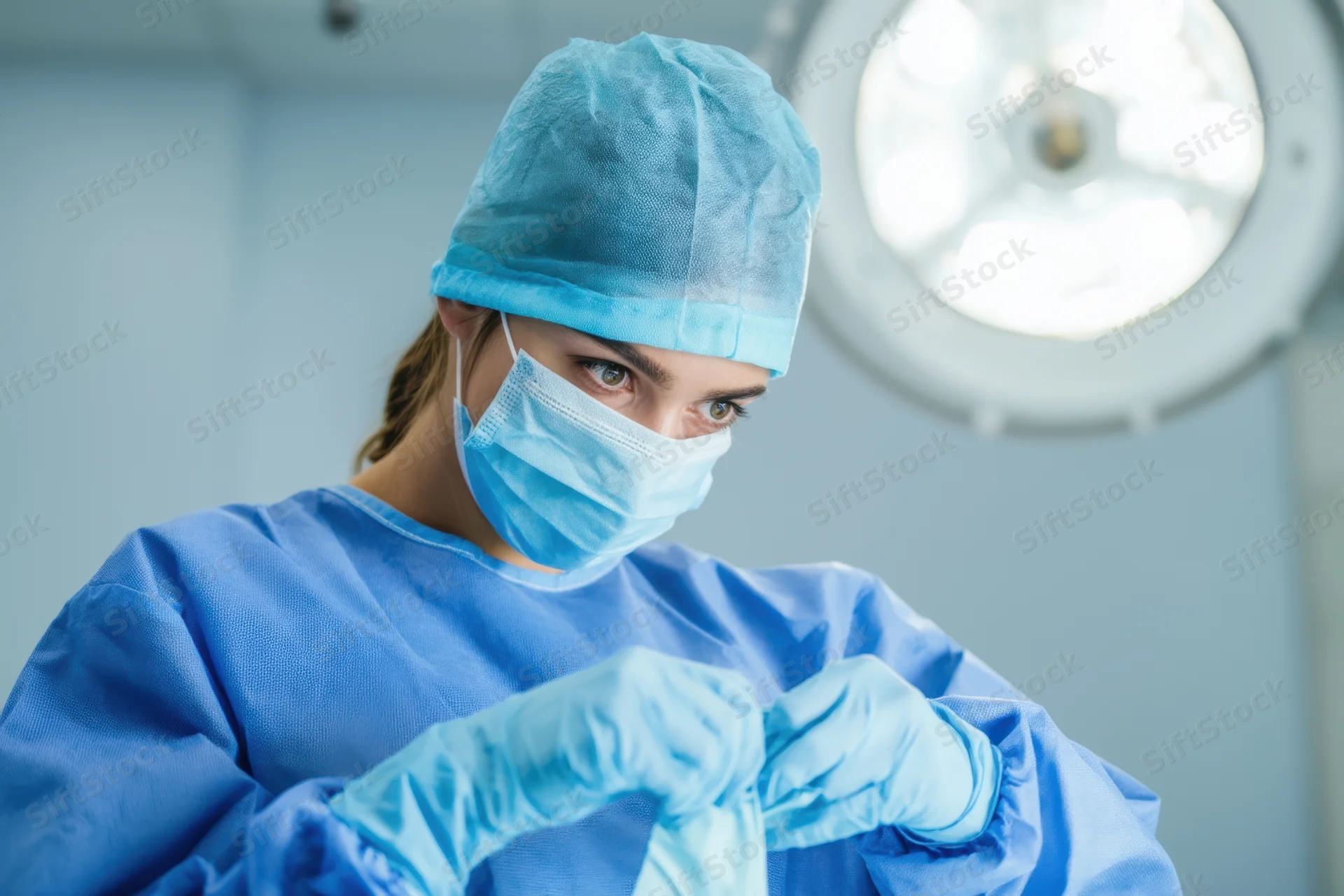 Woman surgeon in blue scrubs putting on gloves in operating room