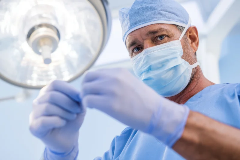 Surgeon in blue scrubs adjusting gloves under operating light in hospital operating room