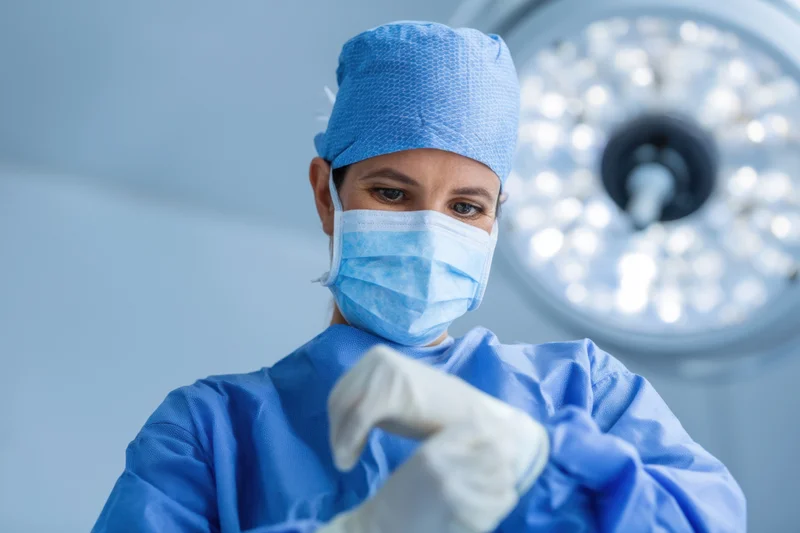 Woman surgeon in blue scrubs putting on gloves in operating room