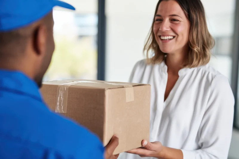 Woman receiving package from delivery courier at doorway