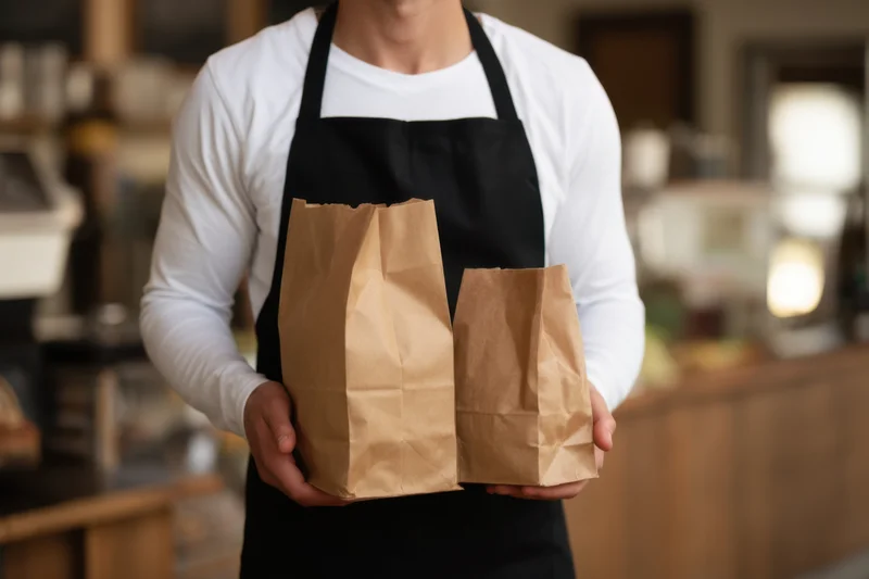 Man in apron holding two paper bags of food in a cafe interior