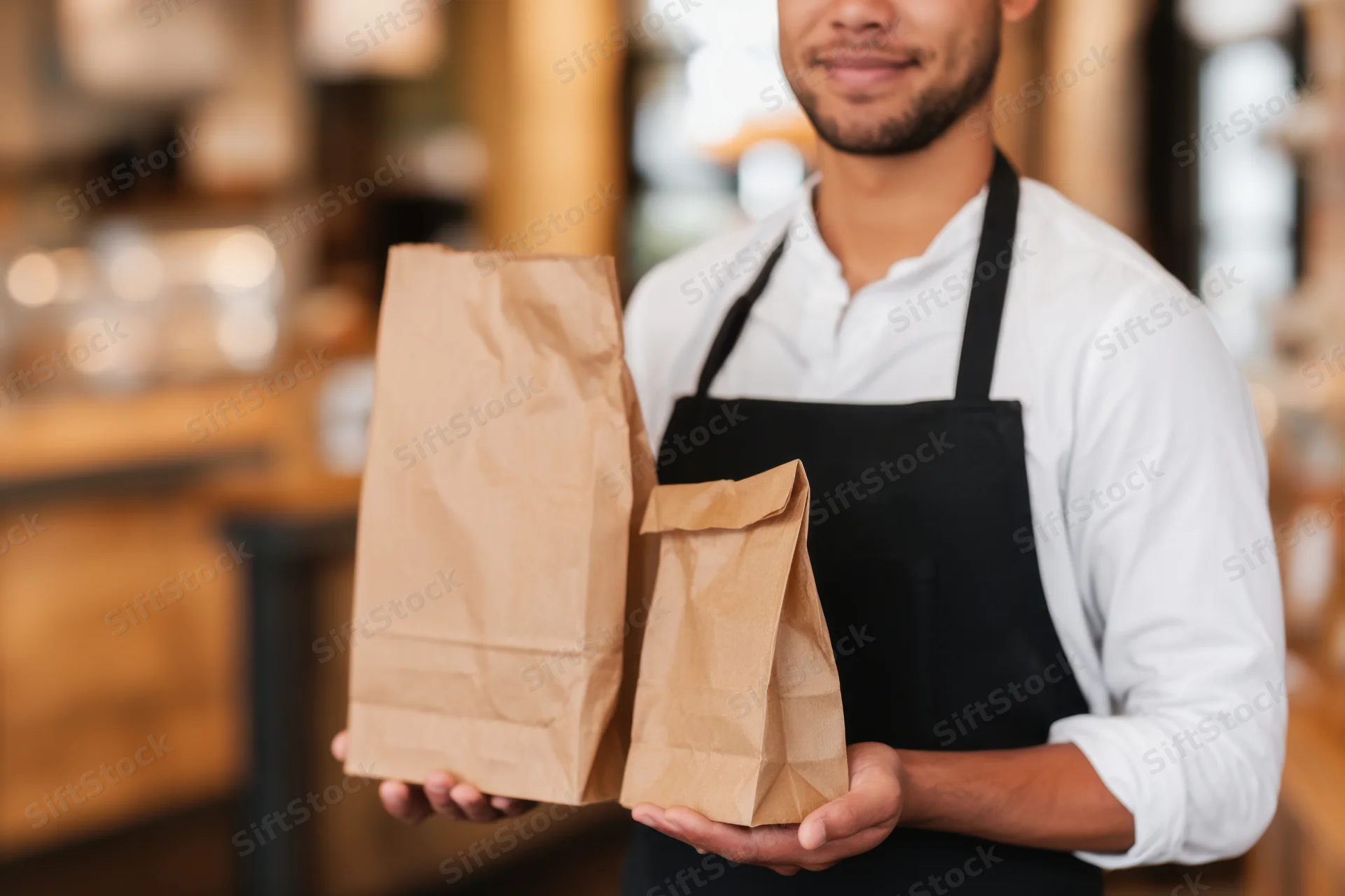 Man in apron holding two paper bags in a cafe interior