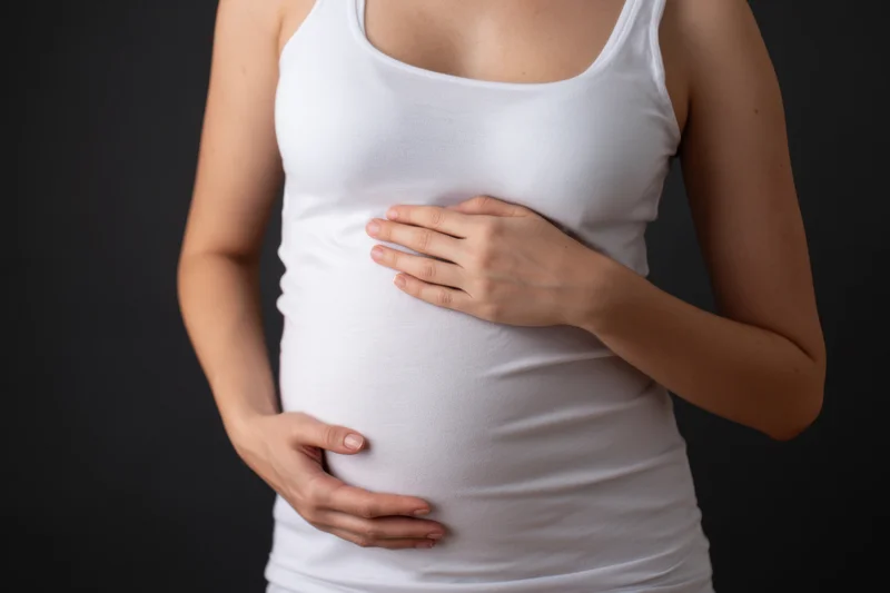 Pregnant woman gently cradling her belly in a white tank top against a dark background