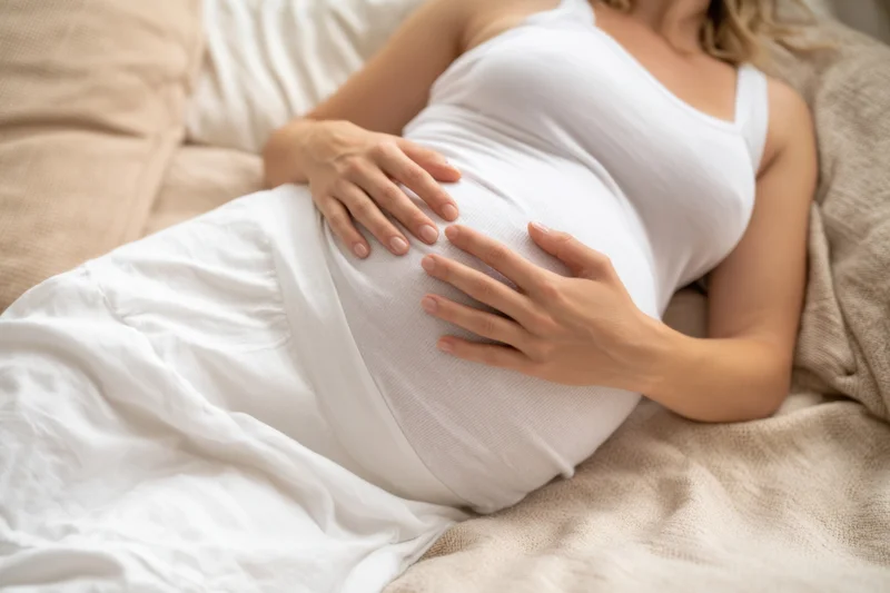 Pregnant woman resting on bed with hands on belly