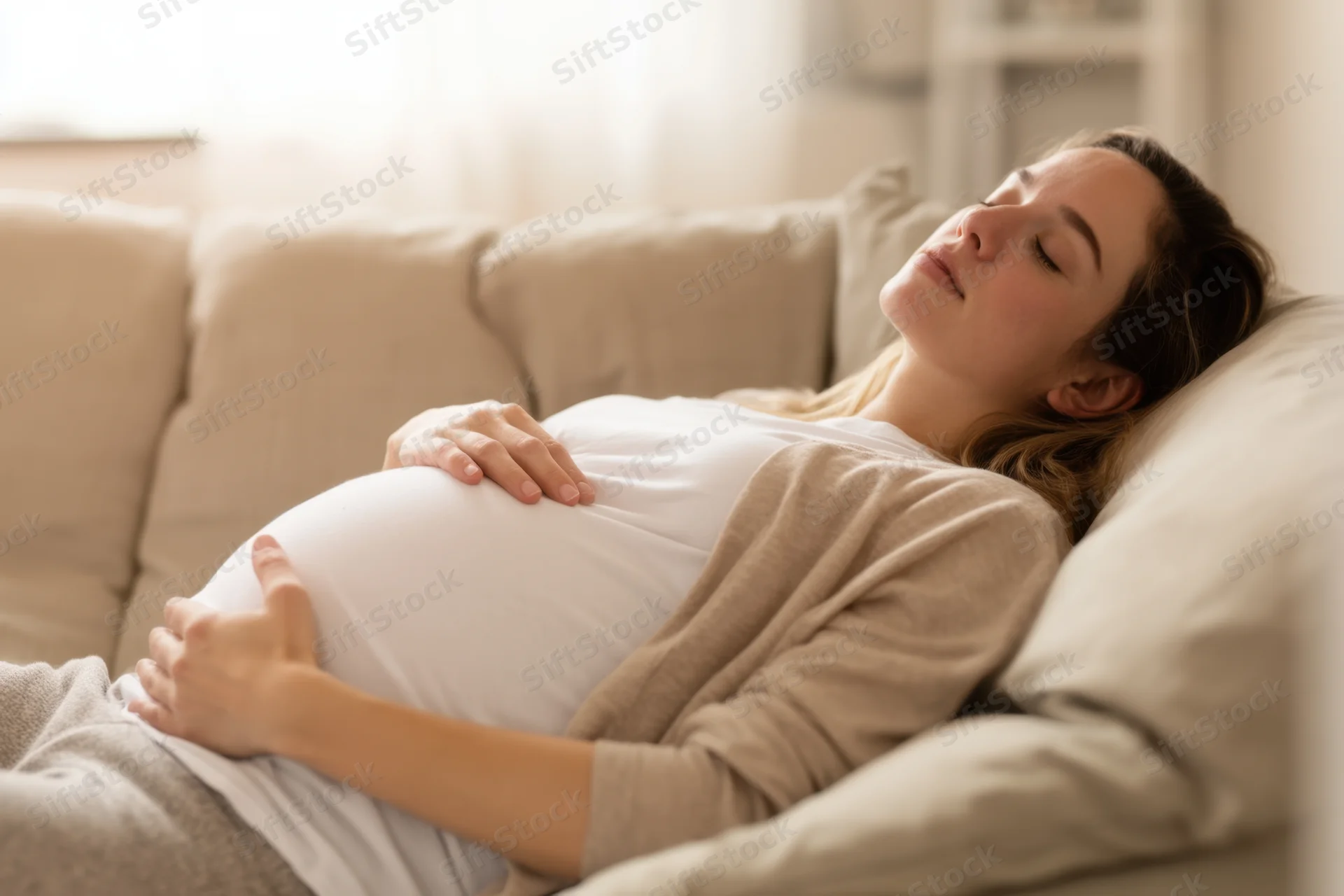 Pregnant woman reclining on a sofa with hands on her belly, resting at home