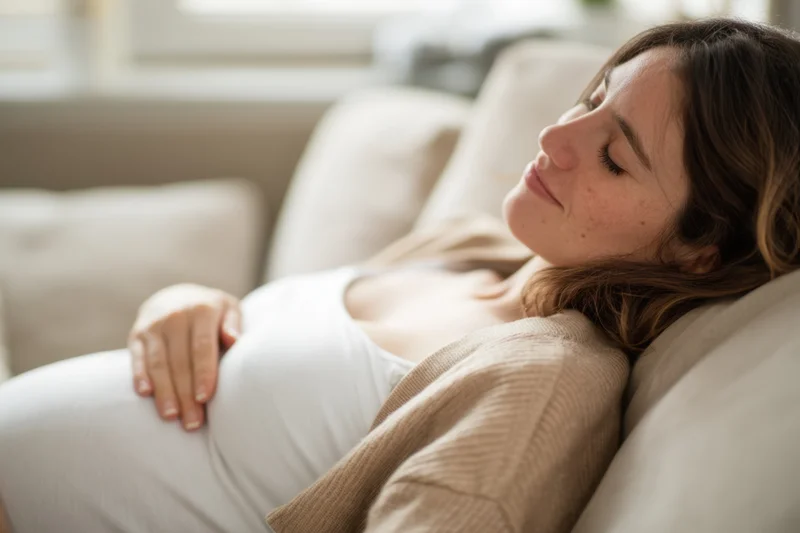 Pregnant woman reclining on a sofa with hand on belly in a bright living room