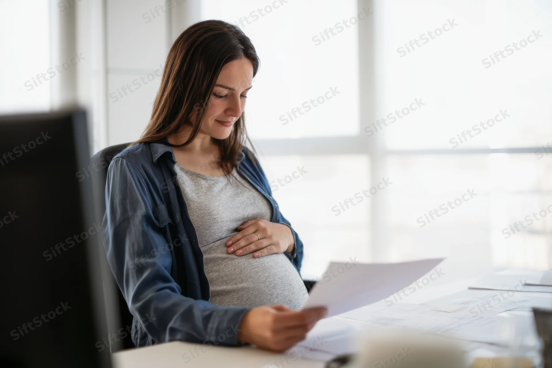Pregnant woman reading document at office desk while holding her belly