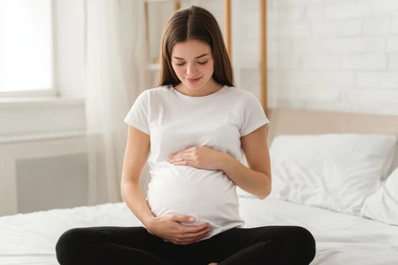 Pregnant woman sitting crosslegged on bed holding her belly in a bright bedroom